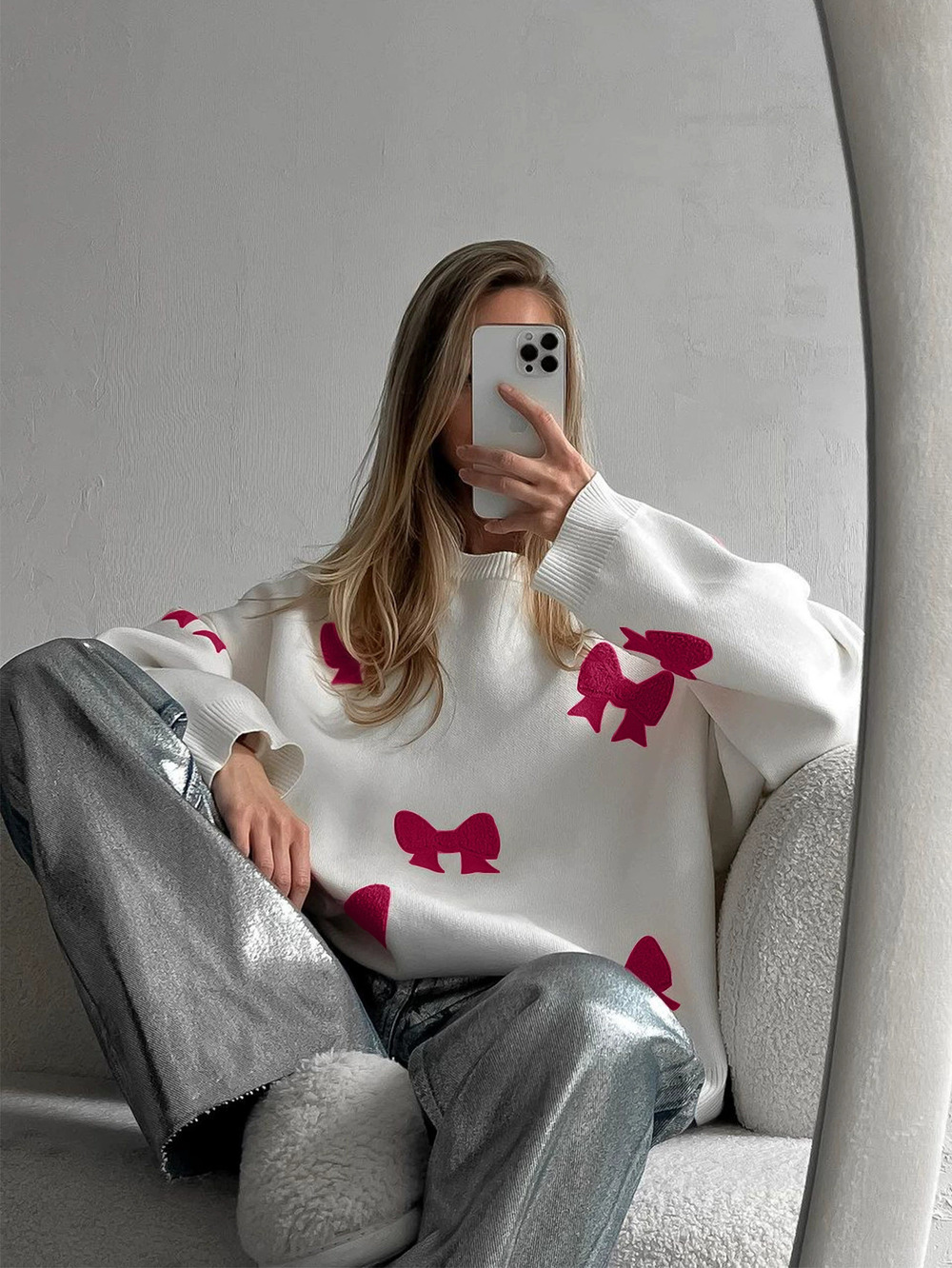 Zara Pink Bow Round Neck Pullover Sweater Loose Casual Fall Winter